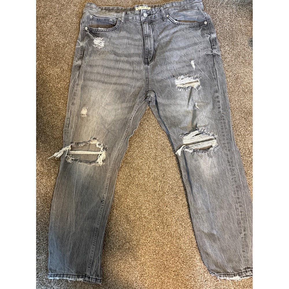 Pull&Bear Relaxed Jeans Mens 34 Grey Excellent Distressed Ripped Denim Pants